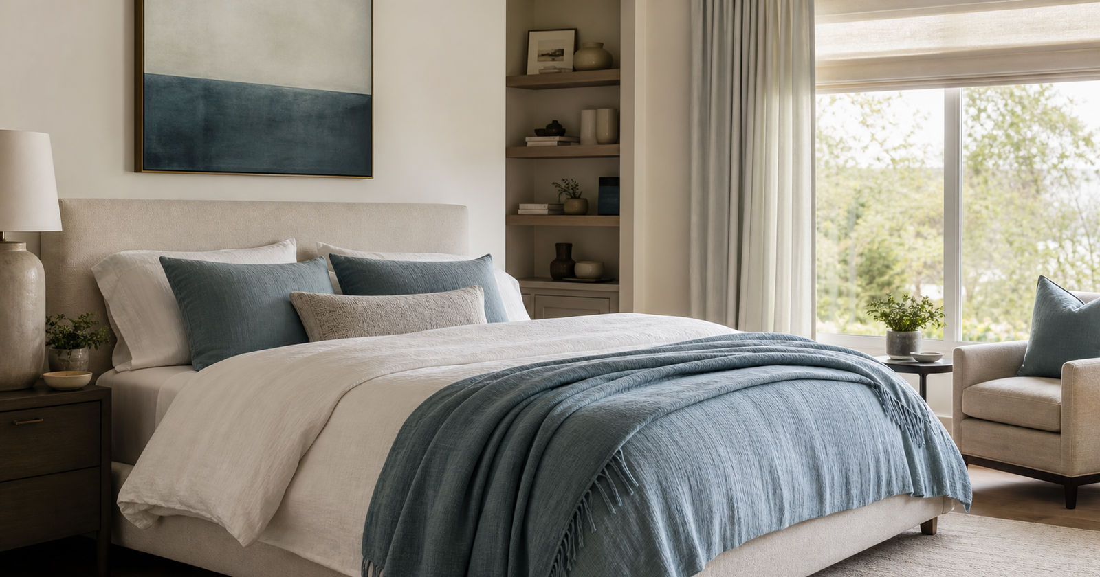 Calm bedroom with layered bedding and soft blue accents.