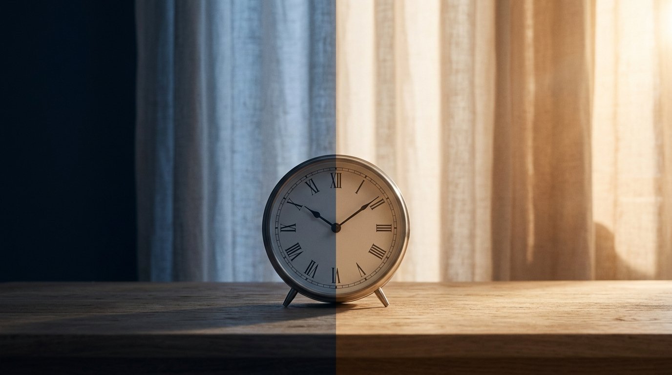 Analog clock between cool evening shadow and warm morning light representing the best time to sleep and wake up.