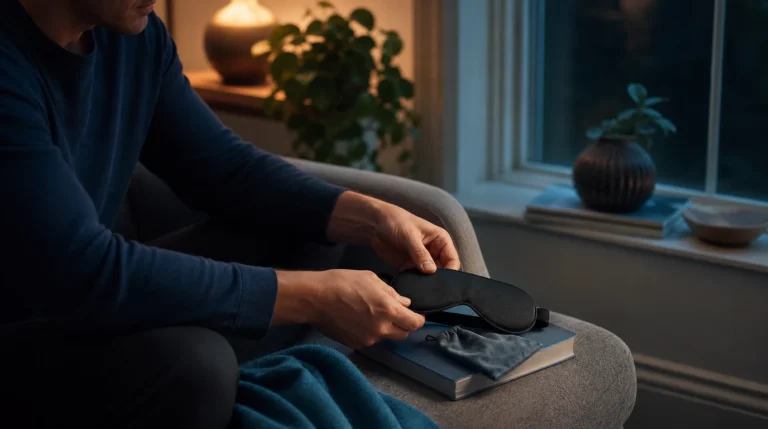 Adult preparing an unbranded sleep mask near a softly lit window before bedtime.
