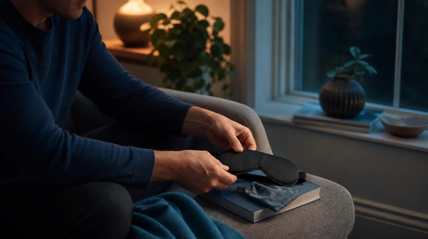 Adult preparing an unbranded sleep mask near a softly lit window before bedtime.