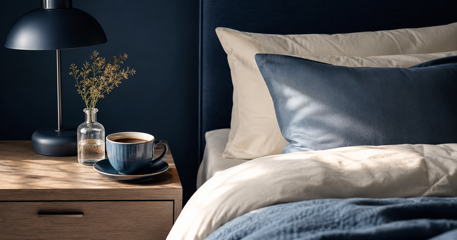 Cup of coffee on a bedside table near a calm bedroom, representing how caffeine may affect sleep.