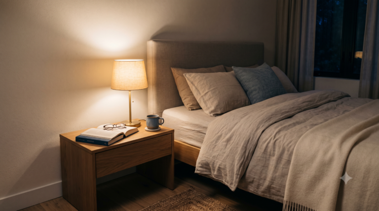 Calm bedside scene with dim light and a book before sleep.