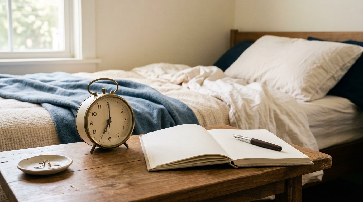 Calm bedroom with morning light and a simple alarm clock.