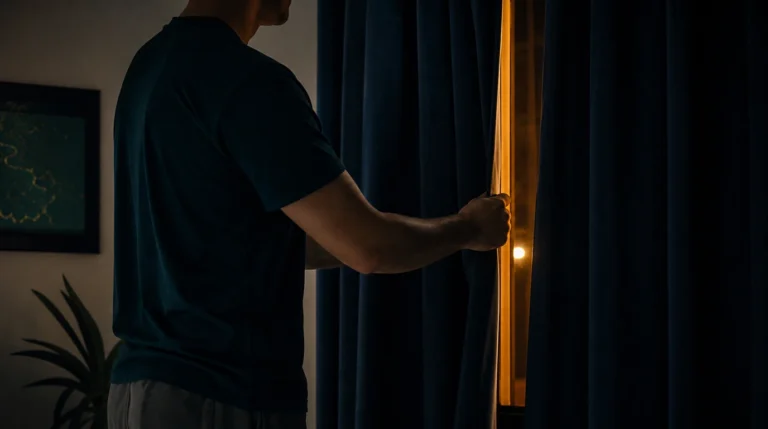 Adult closing a curtain to block a thin line of outside light in a calm bedroom.