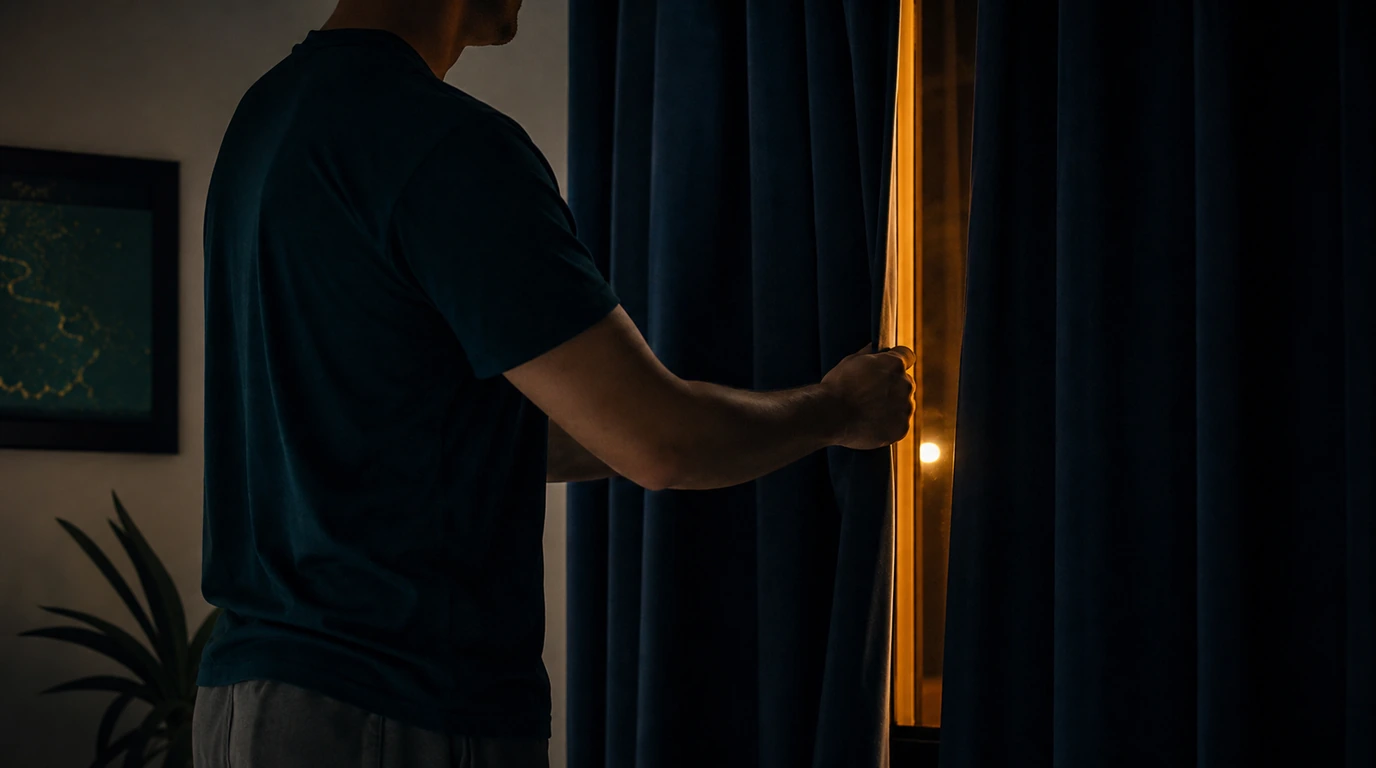 Adult closing a curtain to block a thin line of outside light in a calm bedroom.