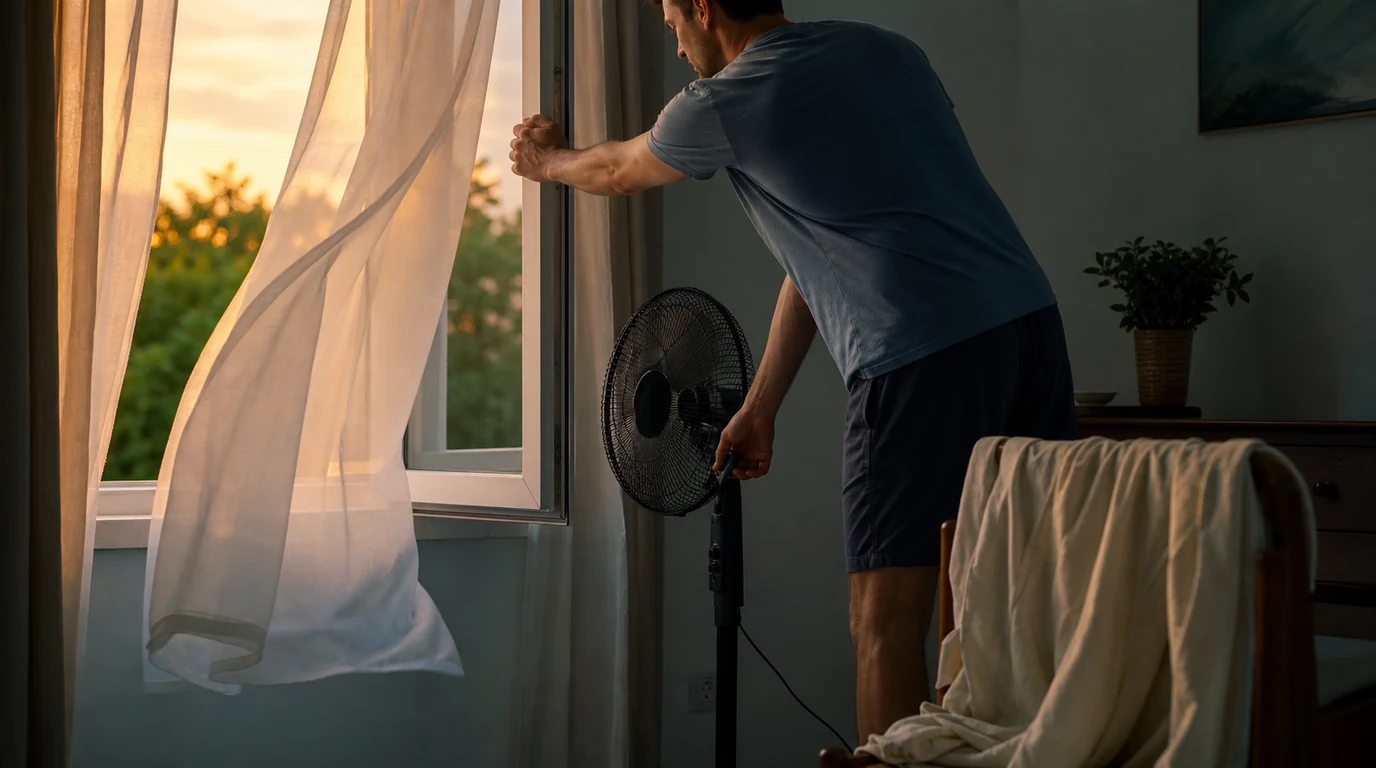Adult adjusting an unbranded fan near an open window on a warm evening.