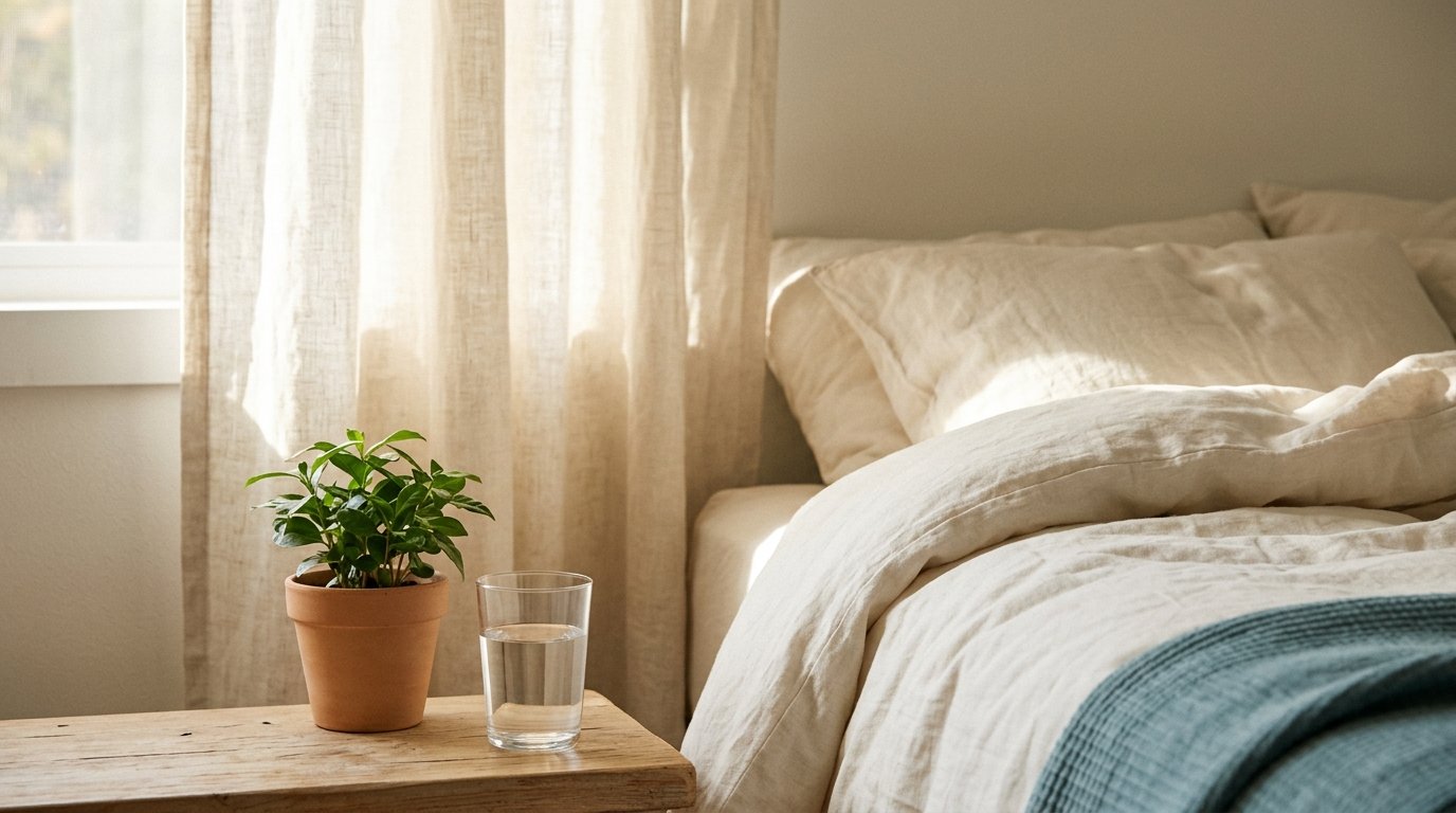 Morning light through curtains with a water glass, plant, and notebook for a natural sleep routine.