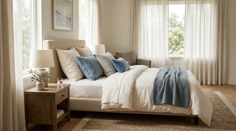 Morning sunlight through curtains in a calm bedroom.