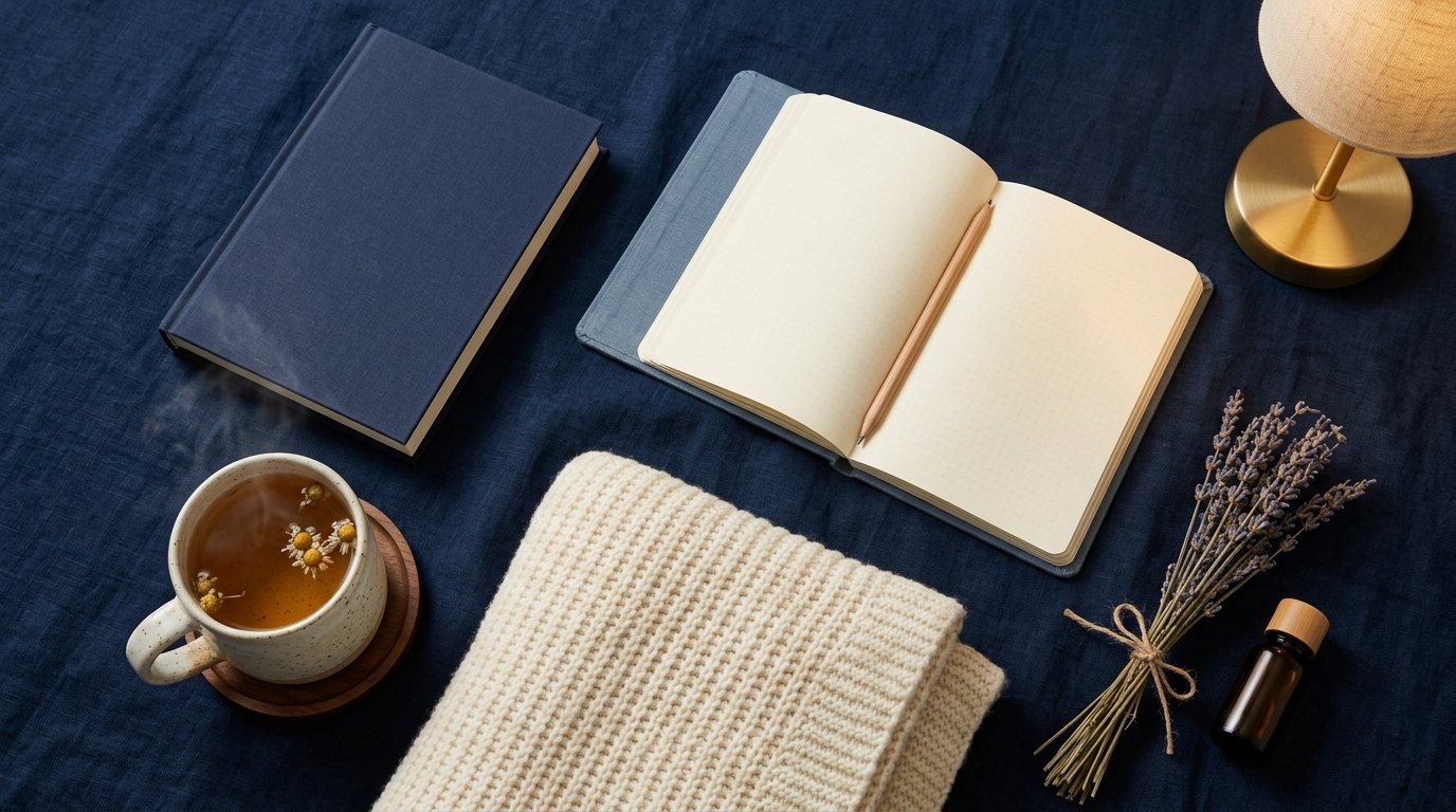 Top-down view of a book, tea, blanket, and blank notebook arranged for a calm night routine.