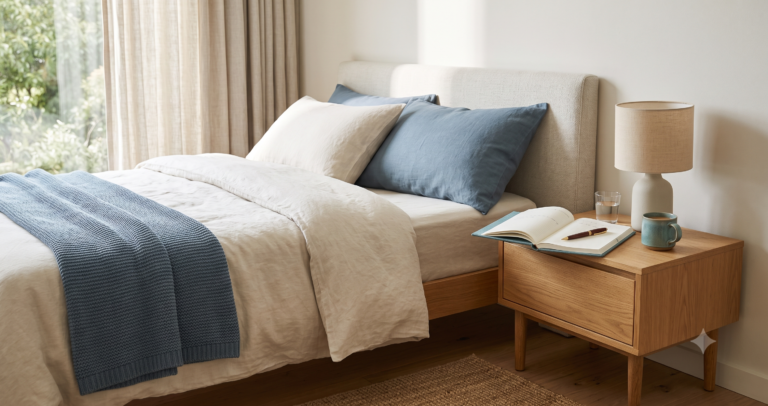 Calm bedroom with soft morning light and a simple bedtime routine notebook.