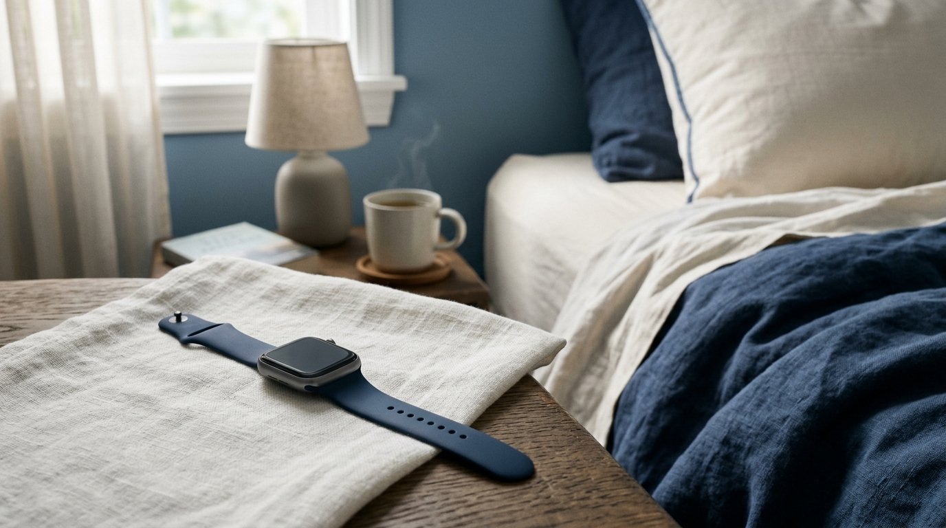 Generic sleep tracker on a bedside table in soft morning light.