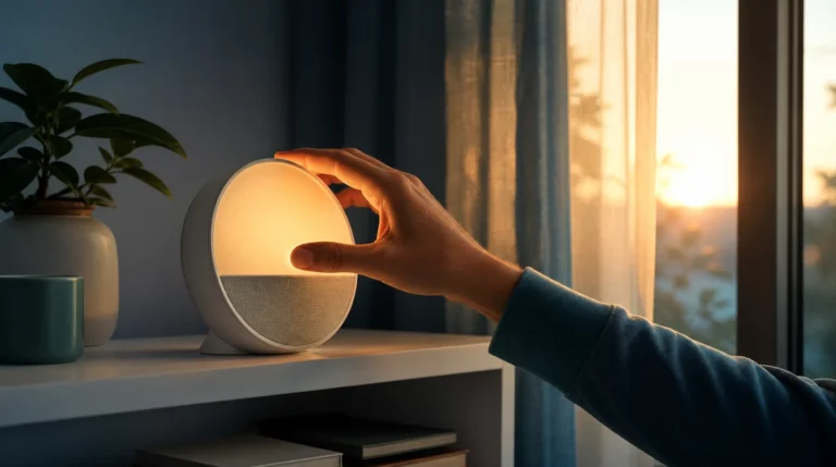 Hand adjusting an unbranded sunrise alarm clock glowing near morning curtains.