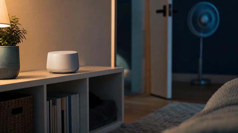 Unbranded sound machine on a bedroom shelf with a softly blurred fan in the background.