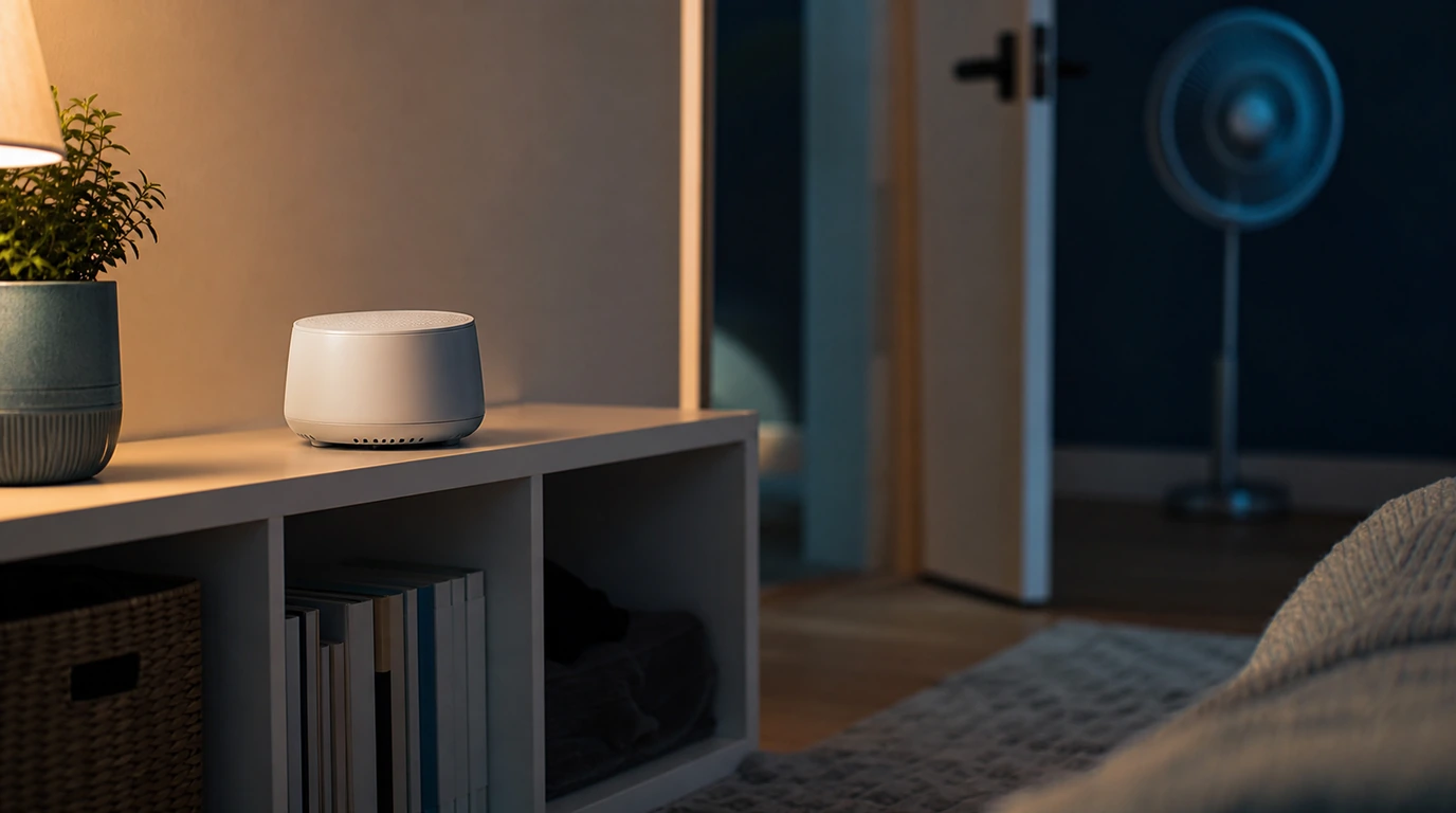 Unbranded sound machine on a bedroom shelf with a softly blurred fan in the background.