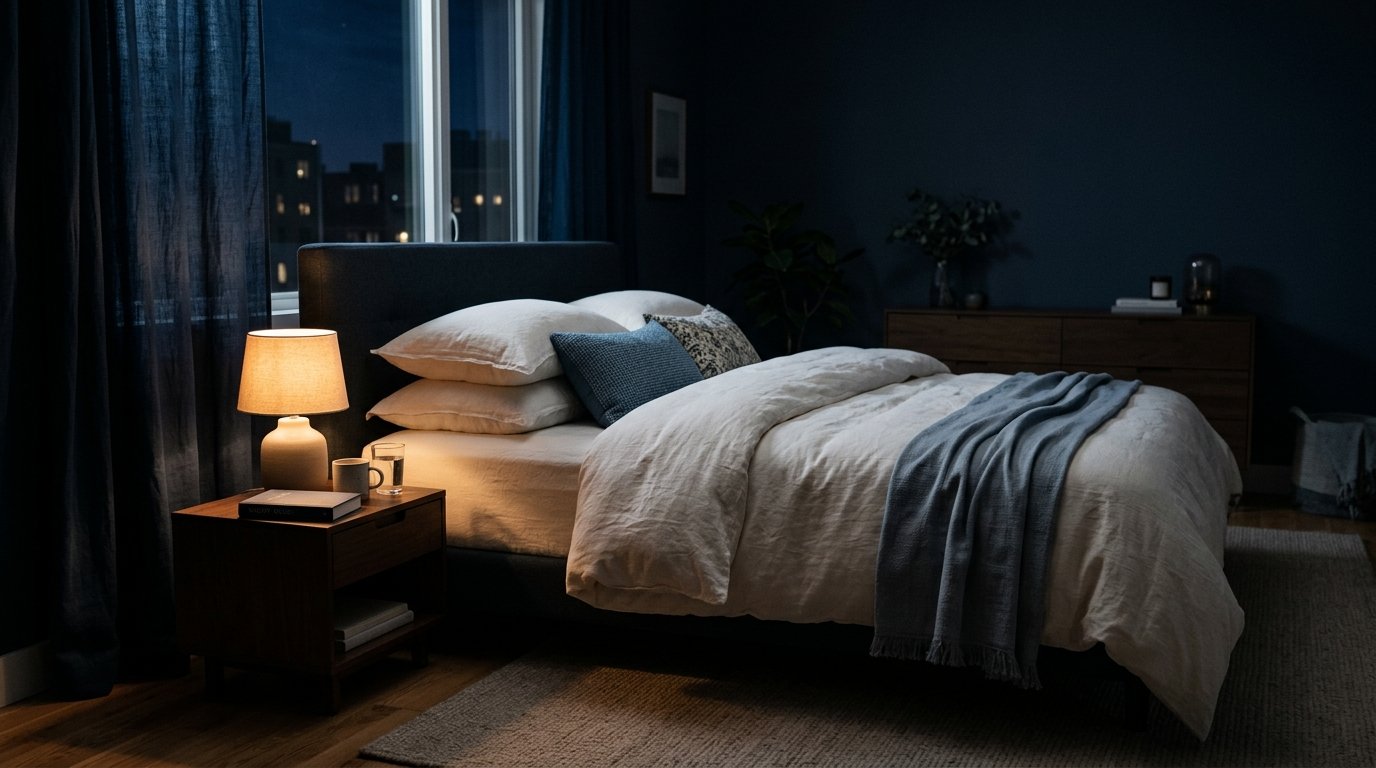 Calm bedroom at night with soft lighting and a neatly made bed.