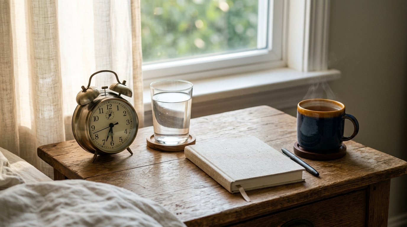 Morning desk scene with an alarm clock, water glass, journal, and soft sunlight representing waking up tired after a full night of sleep.