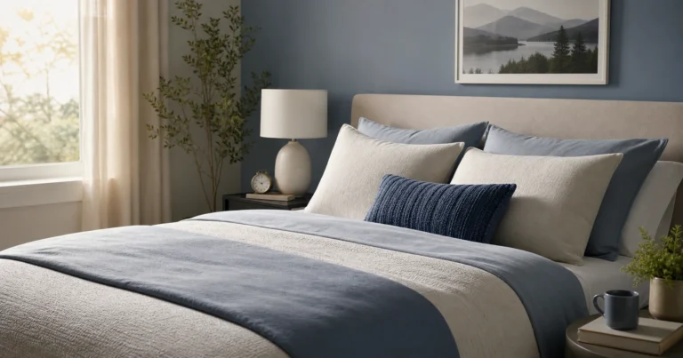 Calm bedroom with soft morning light and blue accents, representing better sleep and waking up refreshed.