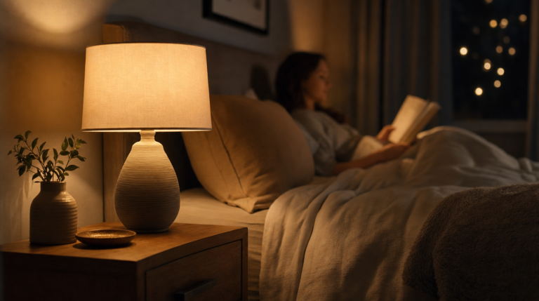 An unbranded warm bedside lamp glowing softly on a nightstand.