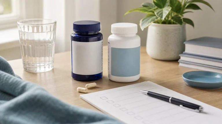 Generic magnesium supplement bottles, capsules, and a label checklist arranged on an editorial desk.