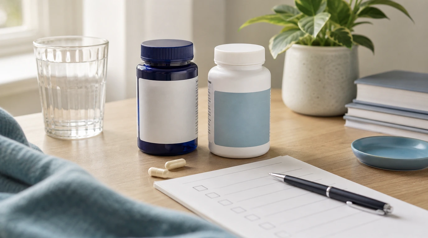 Generic magnesium supplement bottles, capsules, and a label checklist arranged on an editorial desk.