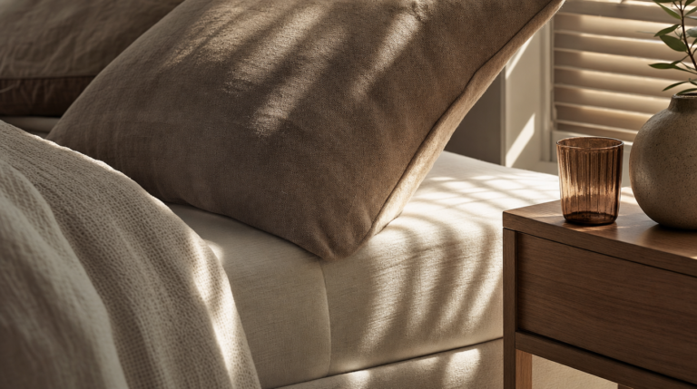 Close-up editorial photo of mattress edge, pillow, and window light in a bedroom