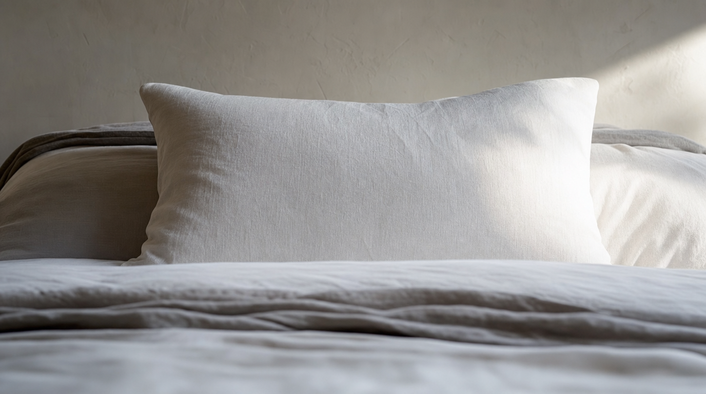 A single supportive pillow with visible loft sits centered on crisp, neutral-toned bedding.