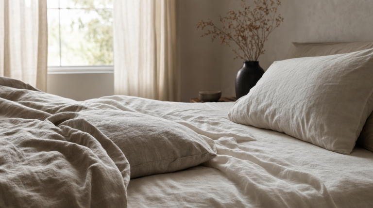 A calm bedroom setup showing a side-sleeping pillow arrangement.
