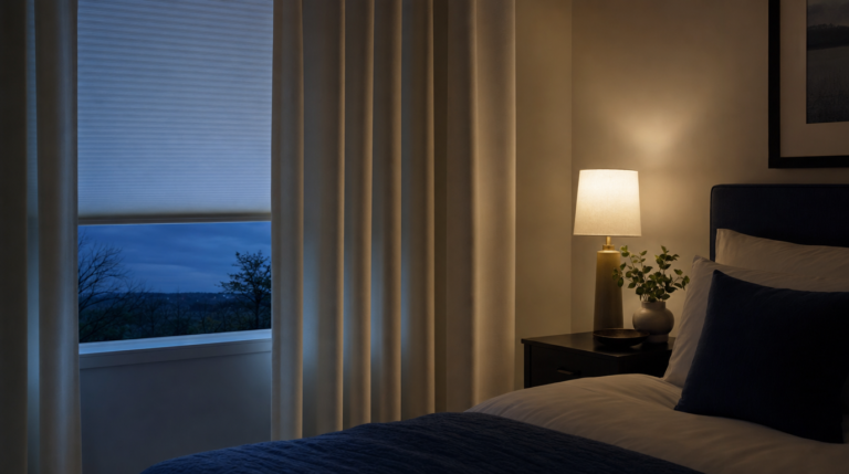 A calm bedroom window with layered curtains and shades softly blocking outside light.