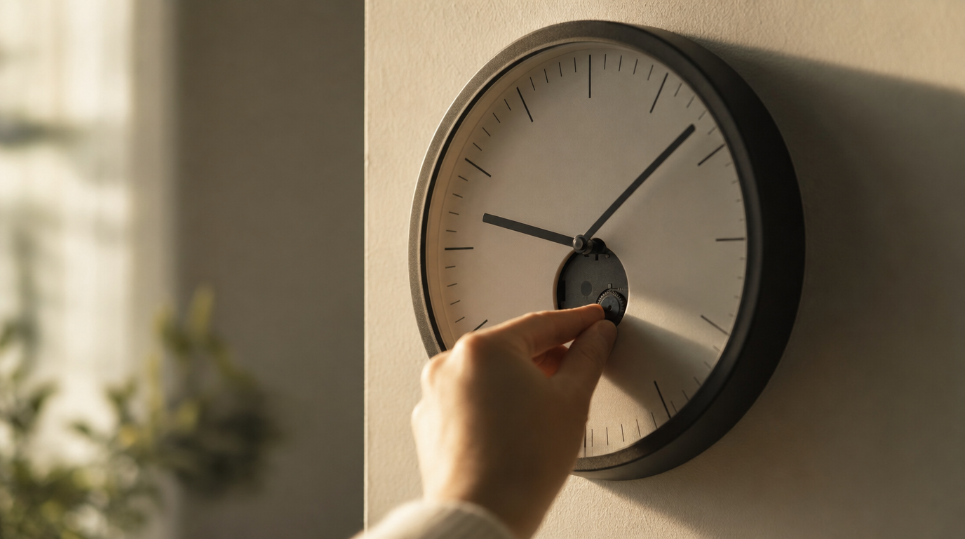 A hand adjusts the dial on a simple analog clock in warm afternoon light.