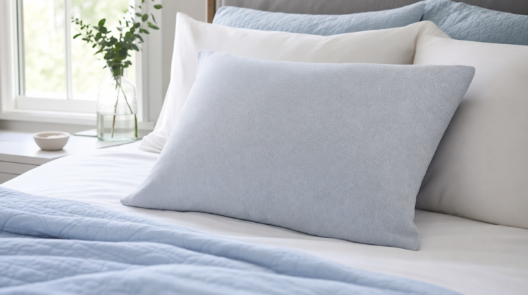 An unbranded cooling pillow on a calm bed.