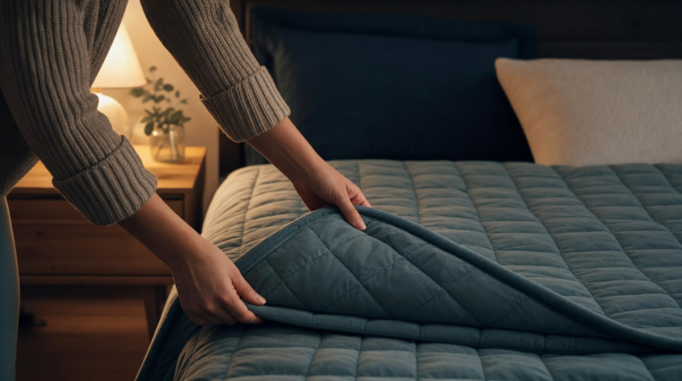 An unbranded weighted blanket folded on a calm bed near soft evening light.