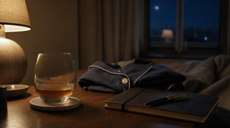 Nightstand with a glass, lamp, pajamas and journal under soft warm light.