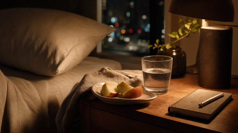Bedside table with a plate of fruit, glass of water, lamp, and journal