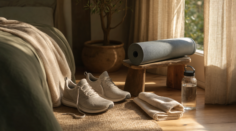 Running shoes and a folded yoga mat by a bedside stool with morning light through curtains.