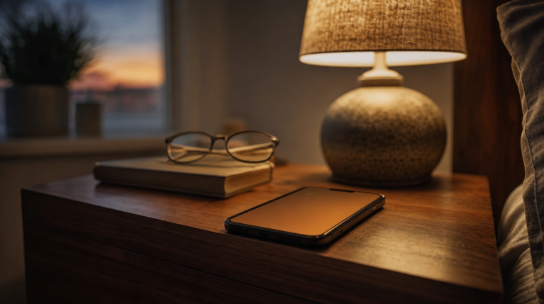 Bedside table with smartphone displaying night mode, lamp, notebook and glasses in warm dusk light