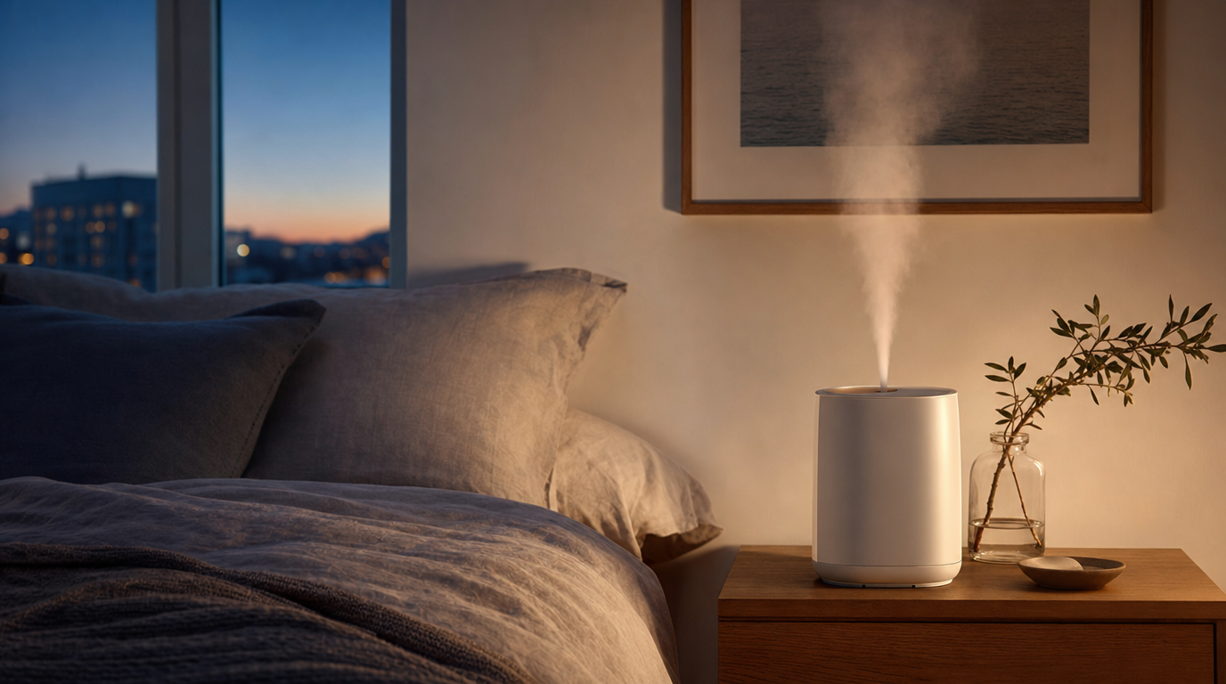Softly lit bedroom nightstand with a simple humidifier releasing gentle mist.