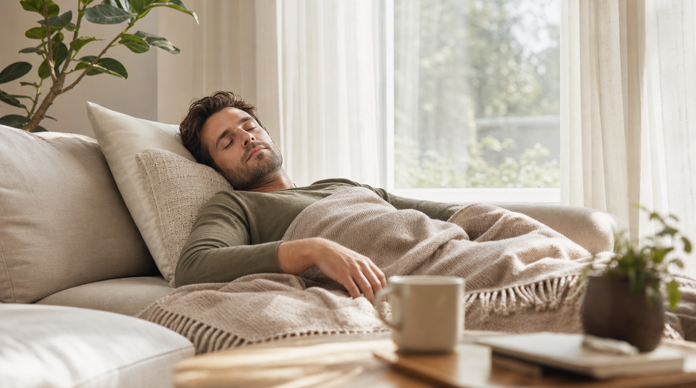An adult resting in soft daylight during a short daytime nap.
