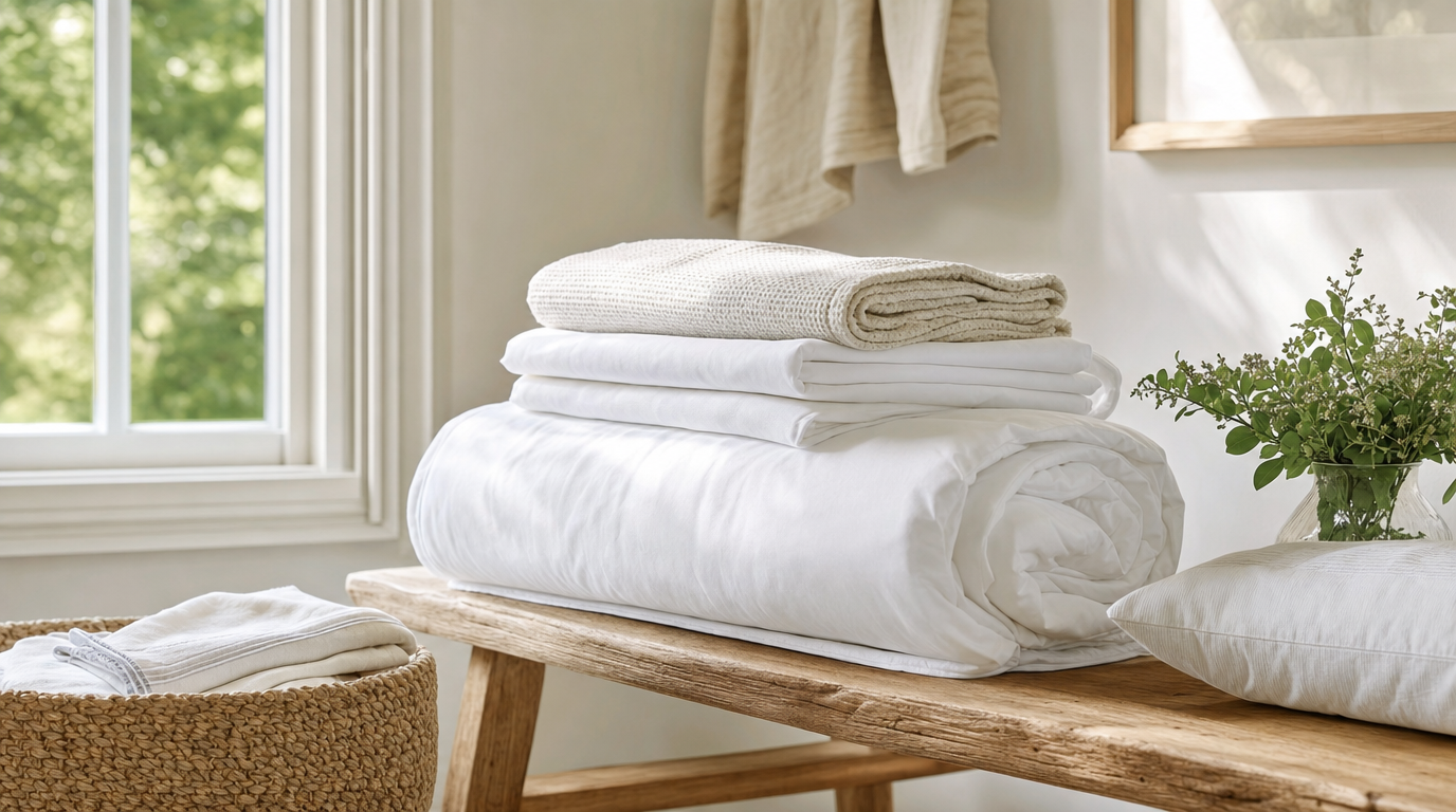 Clean folded bedding and linen in a calm bedroom laundry routine.