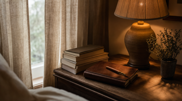 Bedside table with books, closed journal, lamp, and partially drawn curtain with soft morning light.