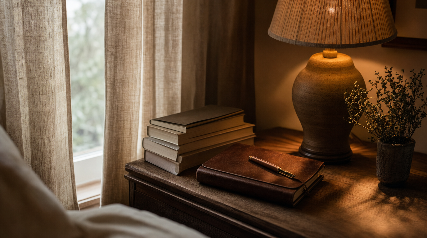 Bedside table with books, closed journal, lamp, and partially drawn curtain with soft morning light.