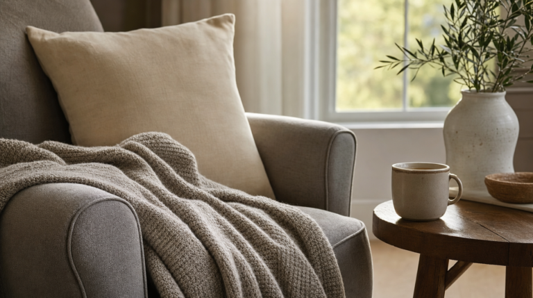 A cozy armchair corner with a folded blanket and a warm mug suggests a quiet moment of rest.
