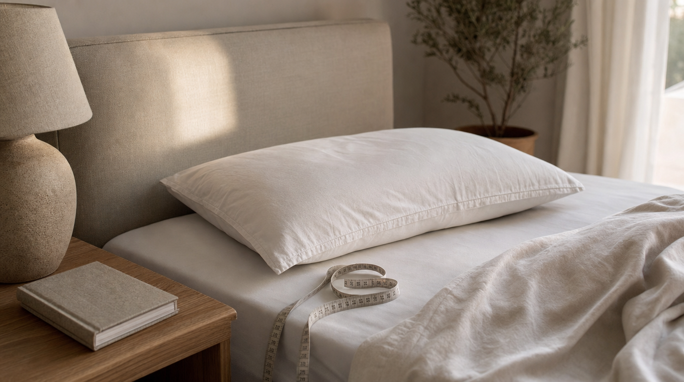Pillow arranged flat for back sleeping on a neatly made bed with measuring tape and notebook on the nightstand