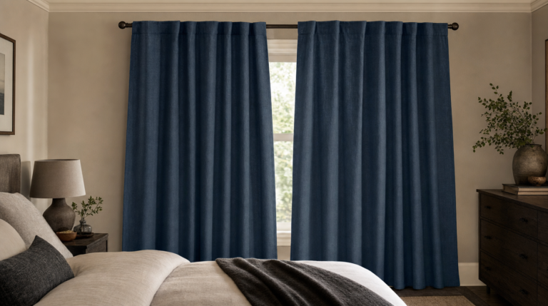 Unbranded blackout curtain fabric detail near a bedroom window.