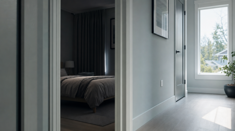 A doorway framing bright daylight against a dim blackout-curtained room, suggesting a flipped day/night schedule.
