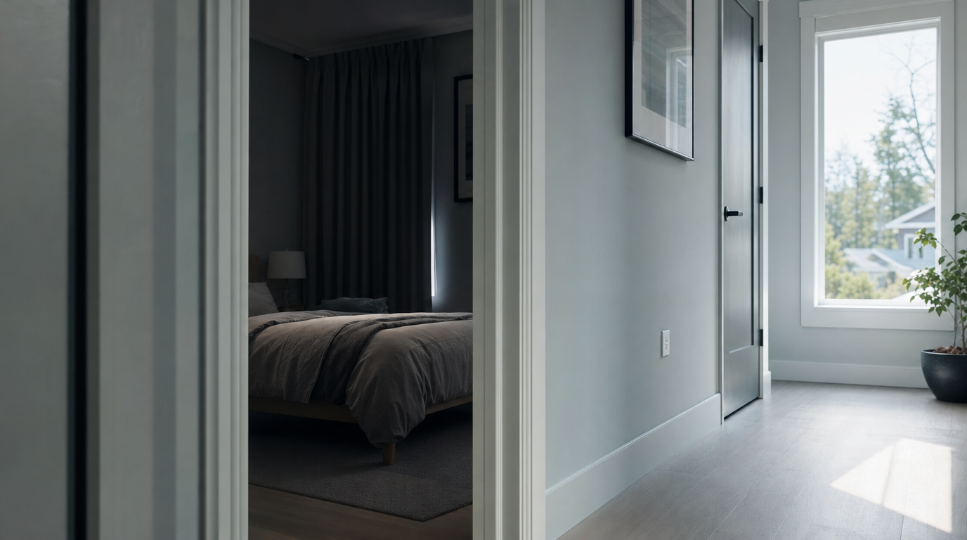 A doorway framing bright daylight against a dim blackout-curtained room, suggesting a flipped day/night schedule.