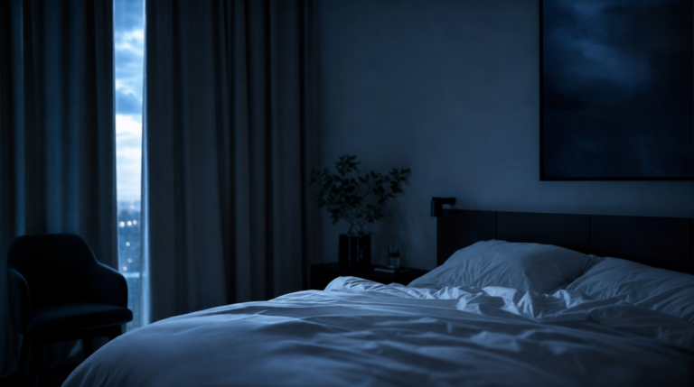 A calm bedroom at night is lit only by faint moonlight through the curtains.