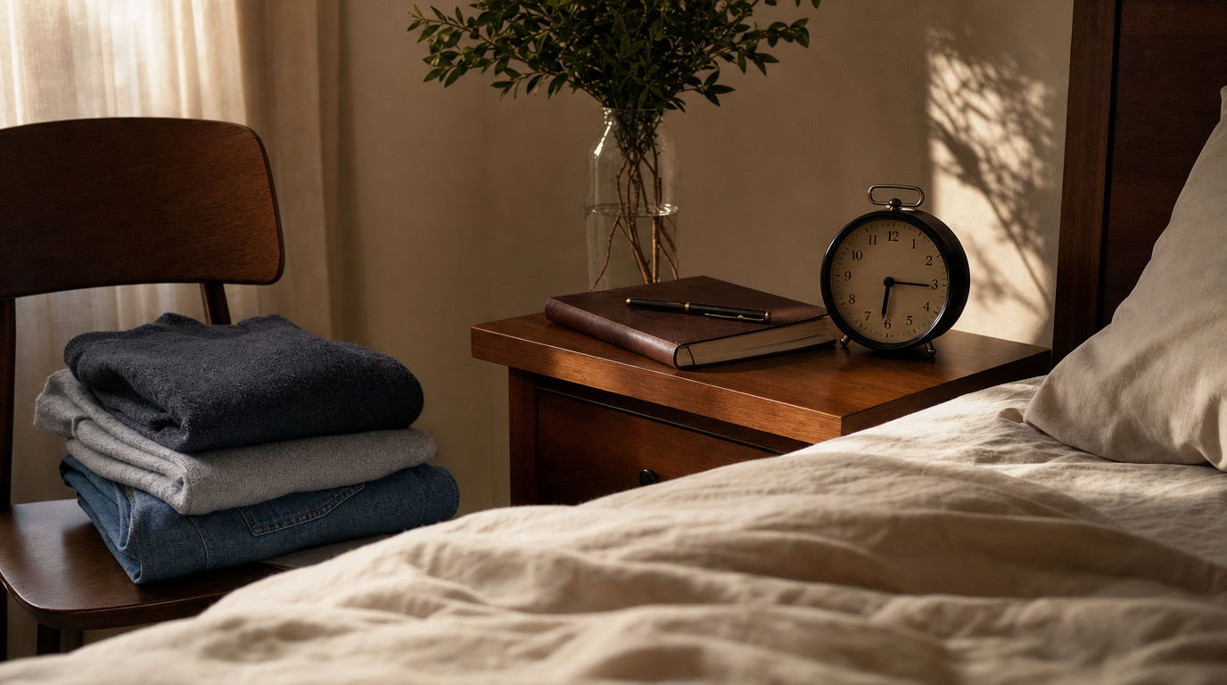 Bedside still life with folded outfit, journal, alarm clock and soft window light