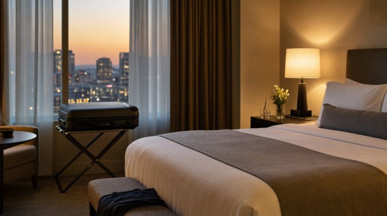 A calm hotel room or travel setting suggesting rest.
