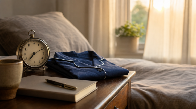 Bedside table with an alarm clock, folded pajamas, and a journal in soft morning light.