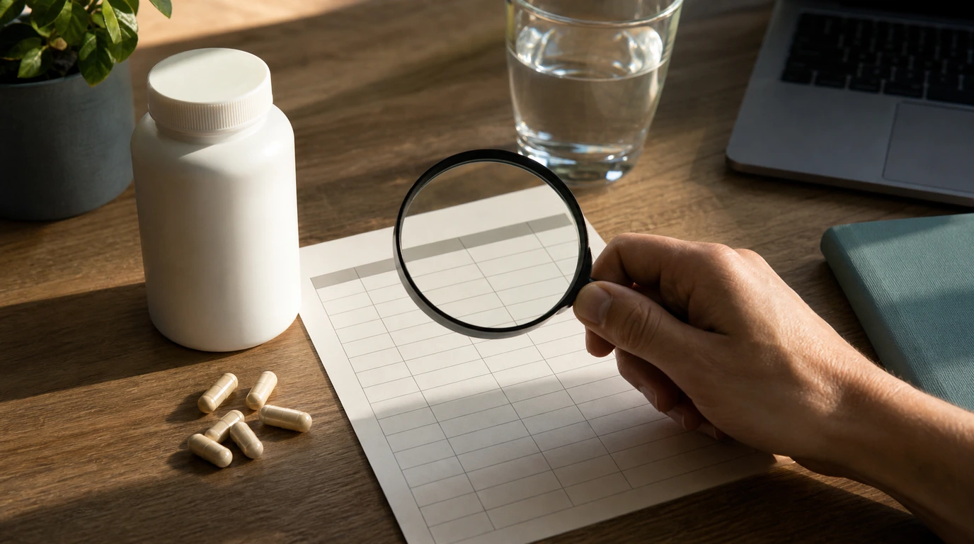 Adult reviewing an unbranded magnesium supplement beside a glass of water and ingredient notes.